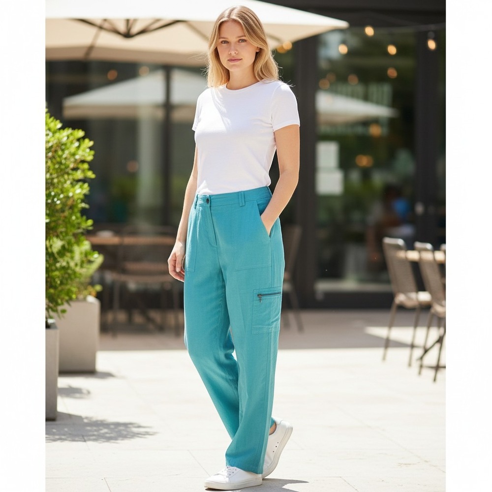 Norton Studio Woman Turquoise Blue Rayon Cargo Pants Wide Leg Plus Size 16W Y2K